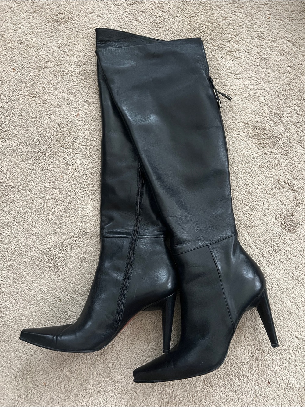 Stuart Weitzman Black Leather Over-the-Knee Pointed Stiletto Boots